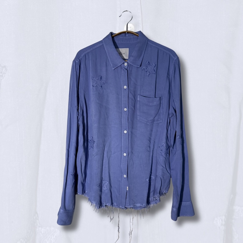Rails Periwinkle Blue Star Embroidered Distressed Hem Button Down Shirt L